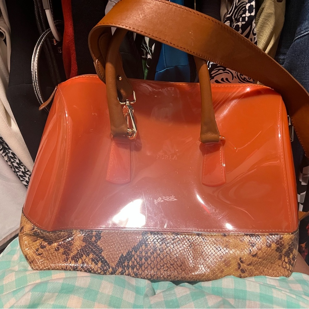 Furla Glossy Orange and Tan Satchel